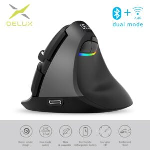 Delux M618 Mini Ergonomic Wireless Vertical Gaming Mouse - Bluetooth 2.4GHz with RGB, Rechargeable, and Silent Features Perfect for Office Use